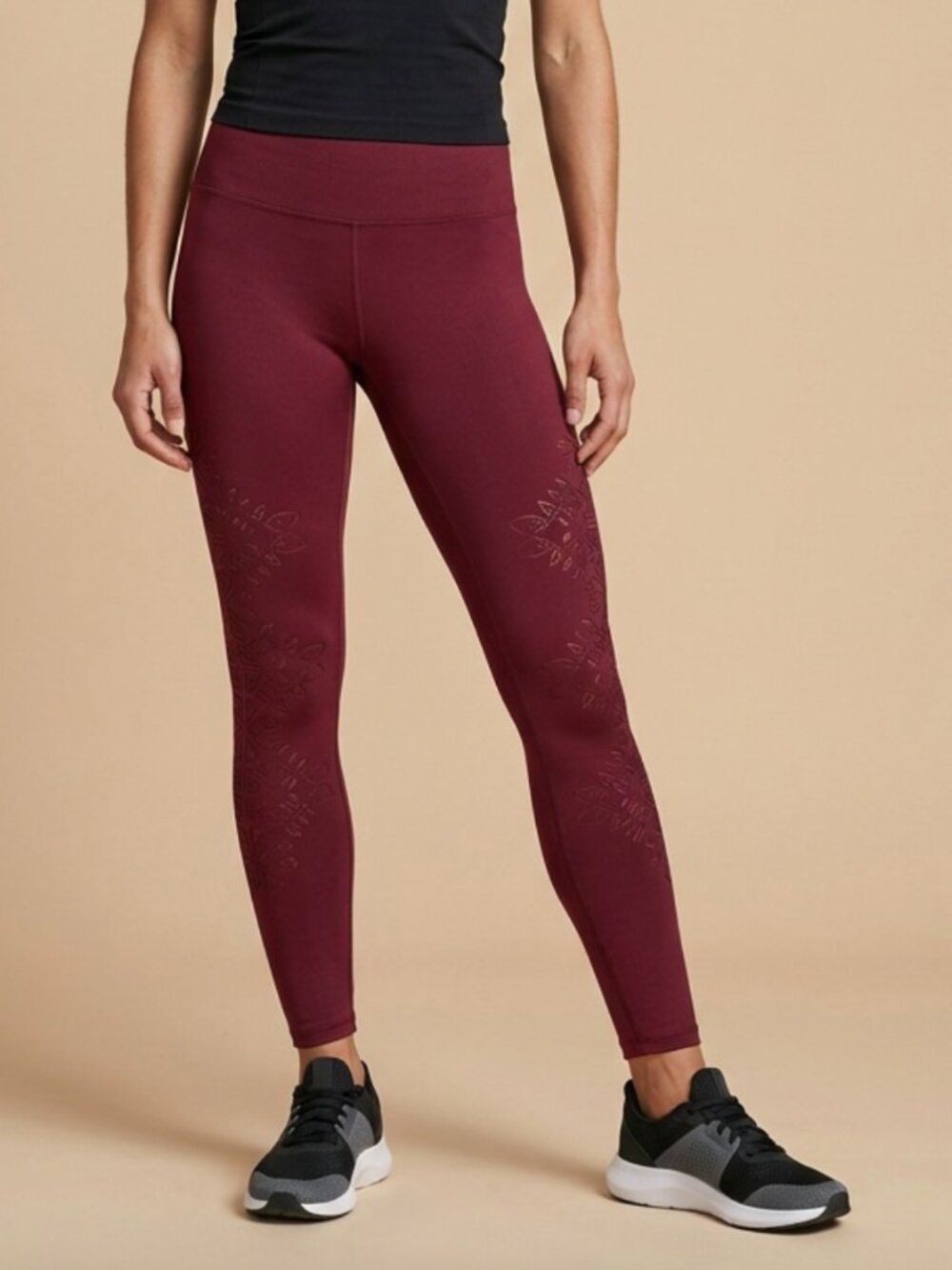 AERIE | Burgundy High Waisted Floral Embroidered Fleece Lined Leggings Sz M